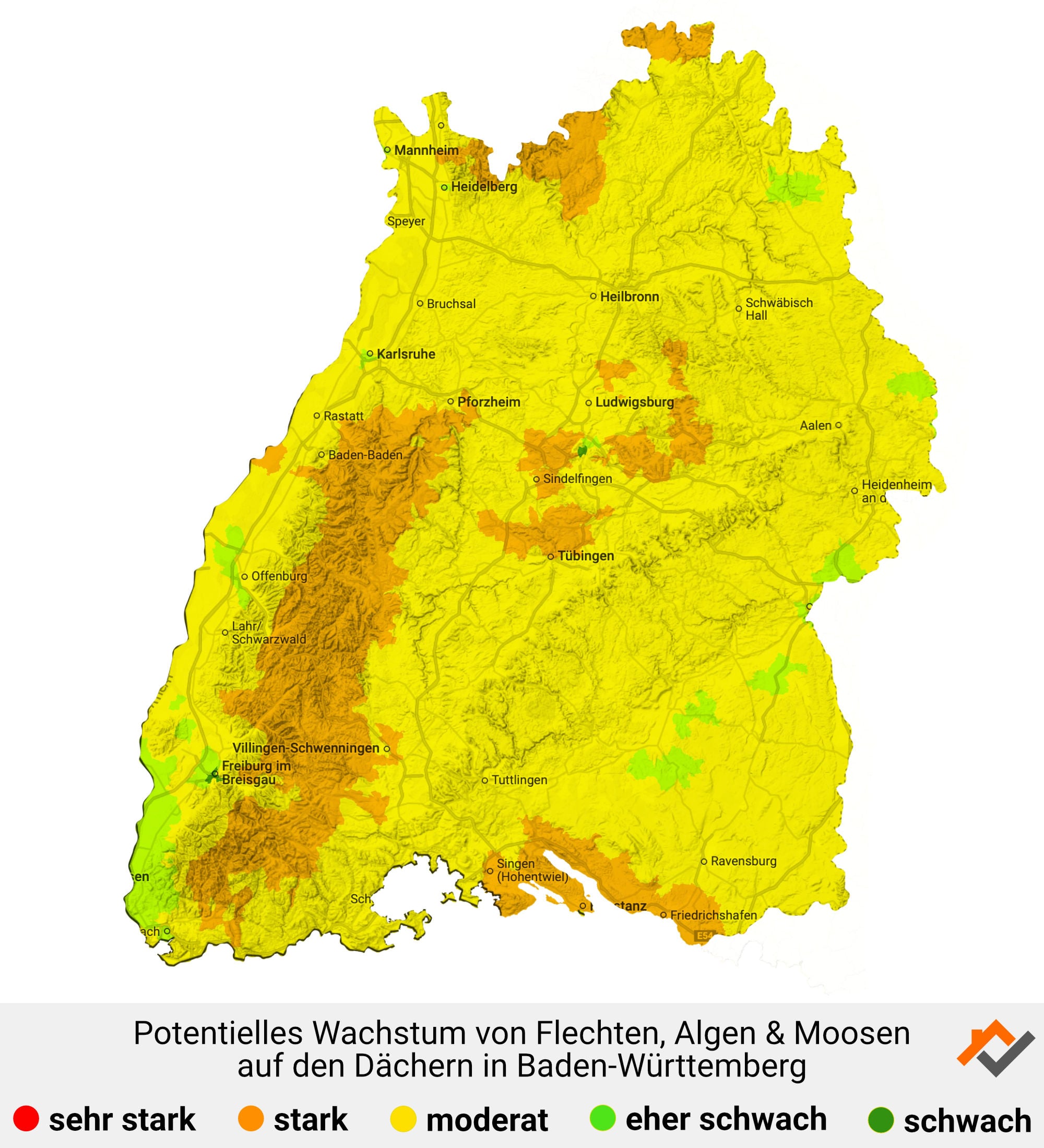 Infografik: Karte mit Wachstum von Flechten, Algen und Moosen auf den Dächern in Baden-Württemberg