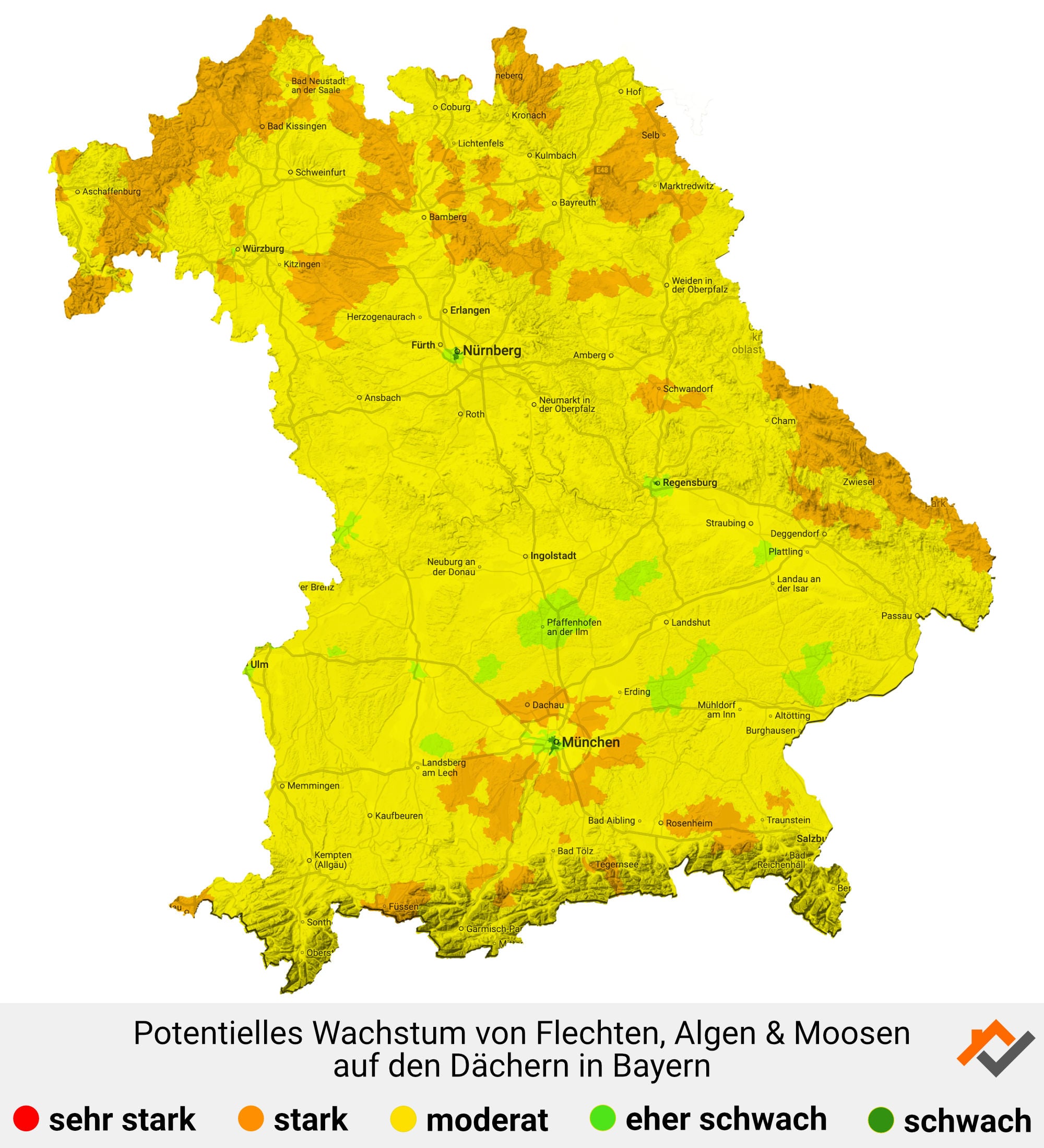 Infografik: Karte mit Wachstum von Flechten, Algen und Moosen auf den Dächern in Bayern