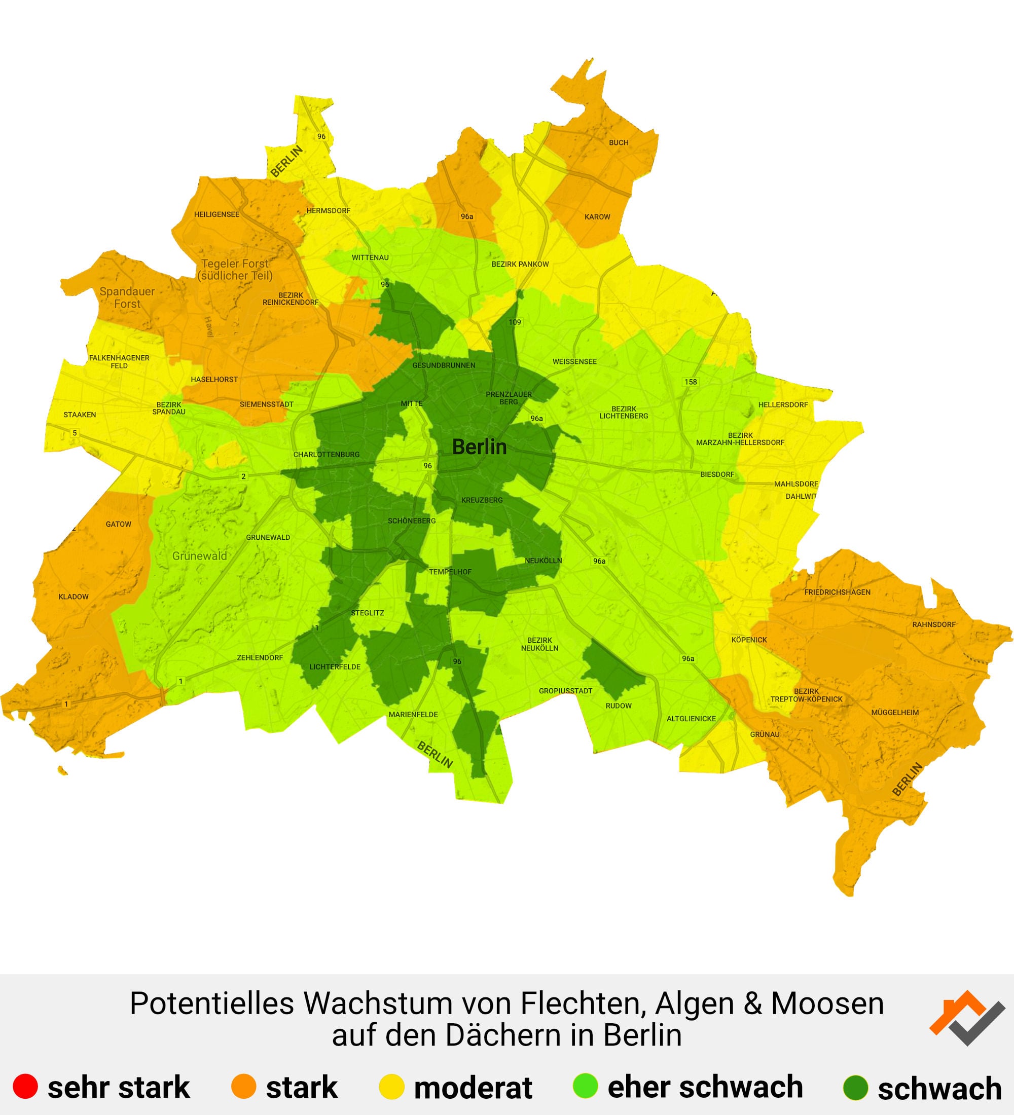 Infografik: Karte mit Wachstum von Flechten, Algen und Moosen auf den Dächern in Berlin