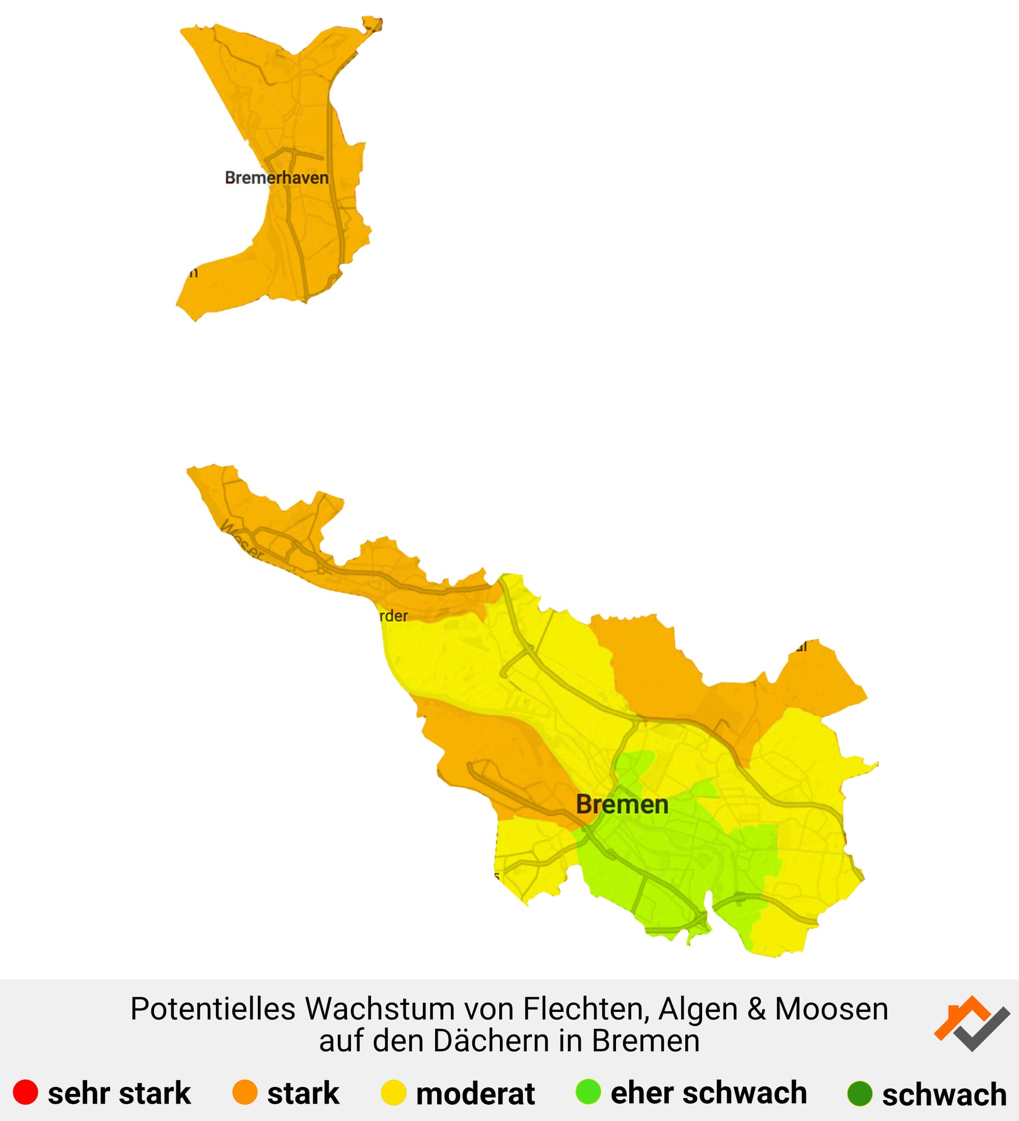 Infografik: Karte mit Wachstum von Flechten, Algen und Moosen auf den Dächern in Bremen