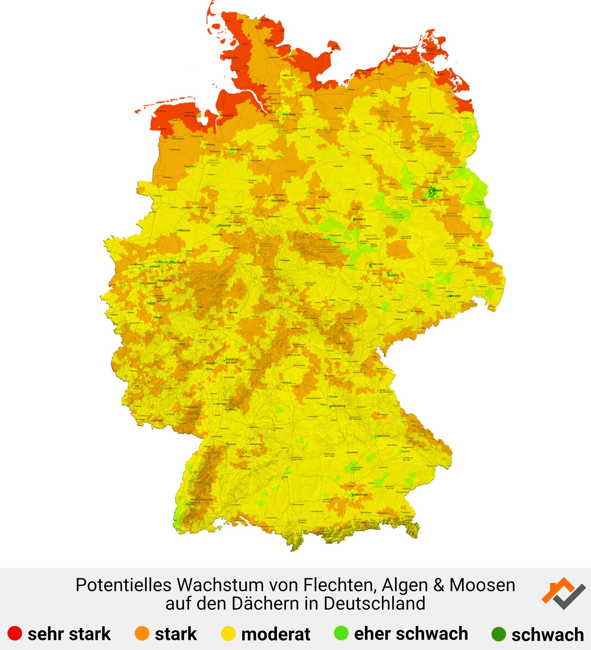 Infografik: Karte mit Wachstum von Flechten, Algen und Moosen auf den Dächern in Deutschland