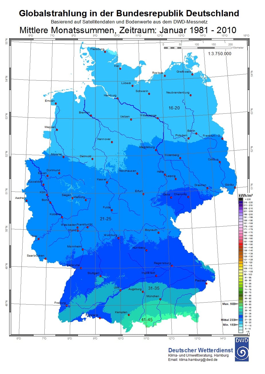 Infografik: Globalstrahlung in Deutschland von 1981 bis 2010 vom DWD