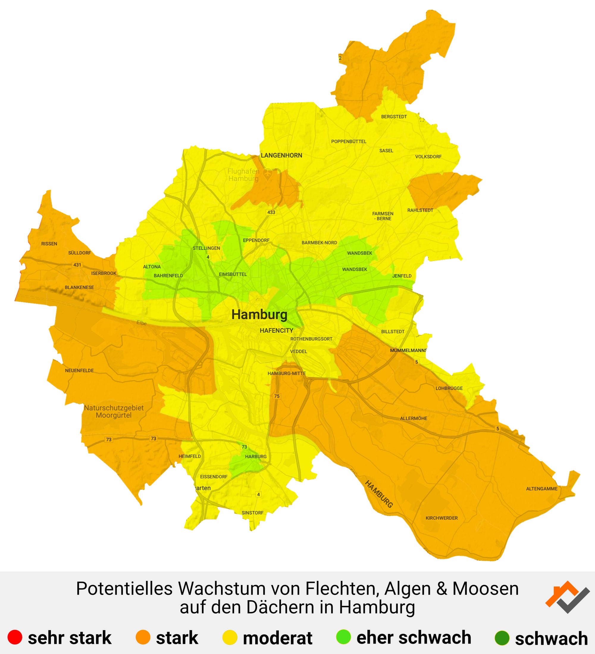 Infografik: Karte mit Wachstum von Flechten, Algen und Moosen auf den Dächern in Hamburg