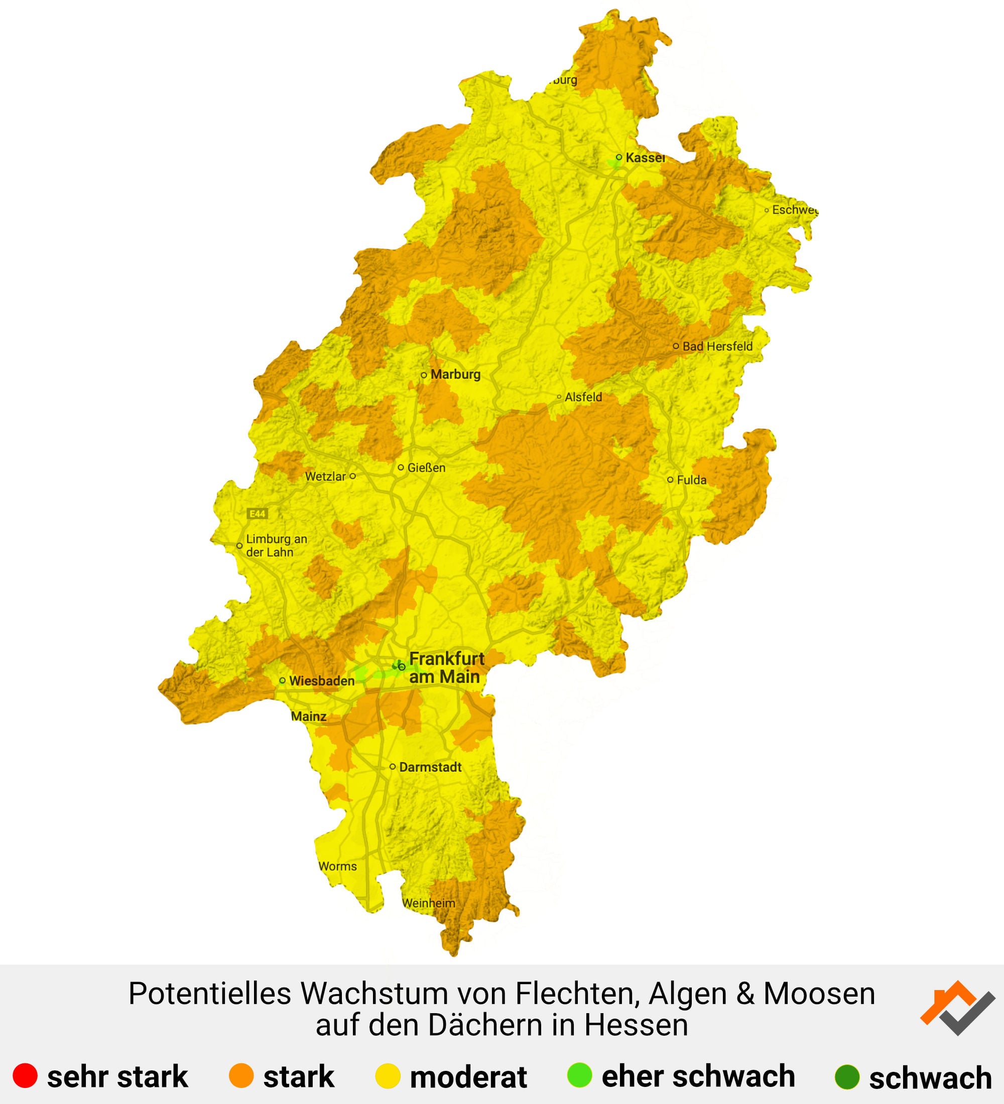 Infografik: Karte mit Wachstum von Flechten, Algen und Moosen auf den Dächern in Hessen