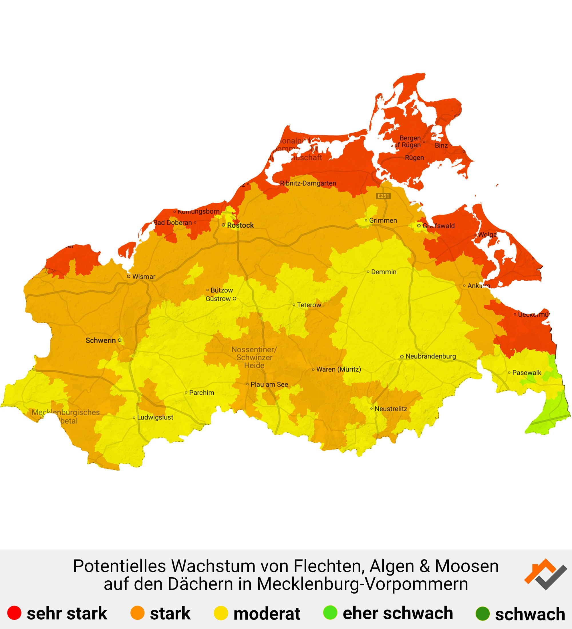 Infografik: Karte mit Wachstum von Flechten, Algen und Moosen auf den Dächern in Mecklenburg-Vorpommern