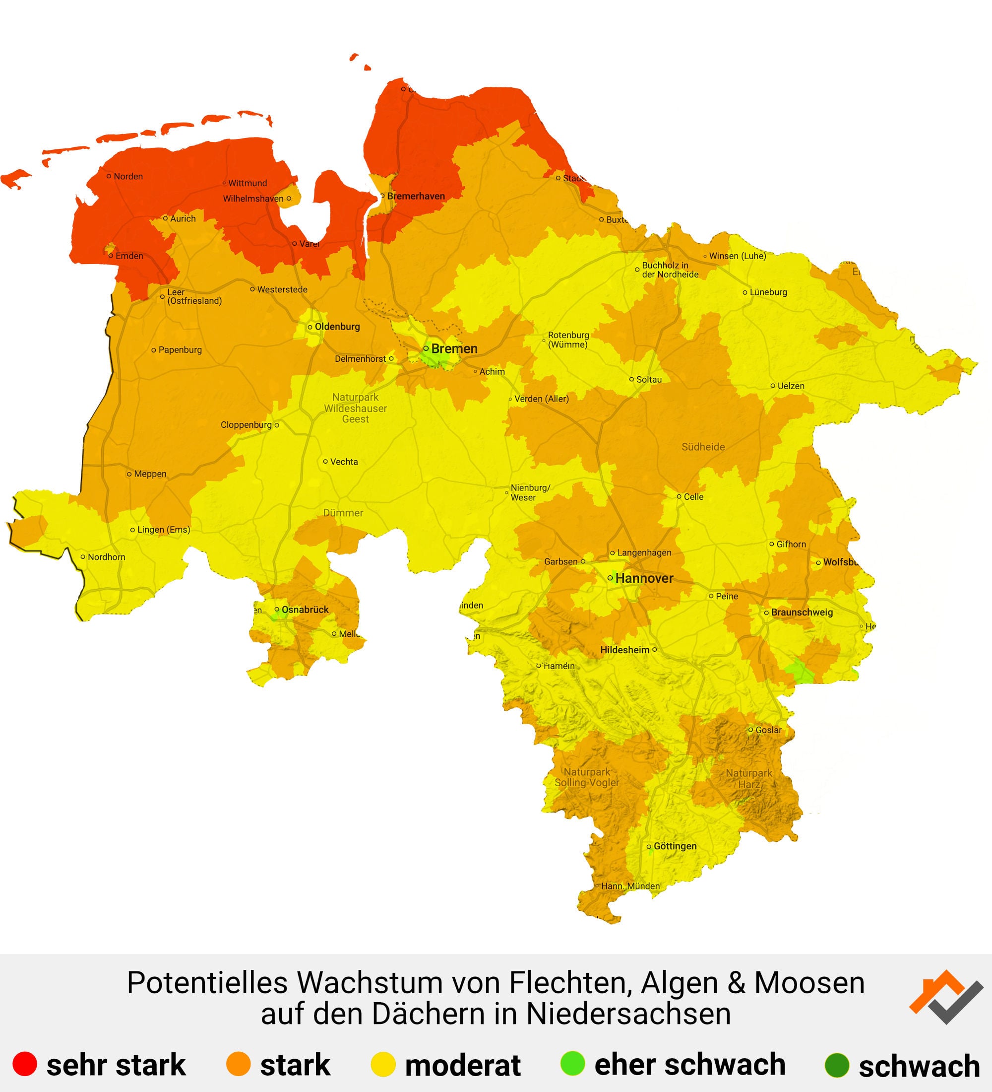 Infografik: Karte mit Wachstum von Flechten, Algen und Moosen auf den Dächern in Niedersachsen