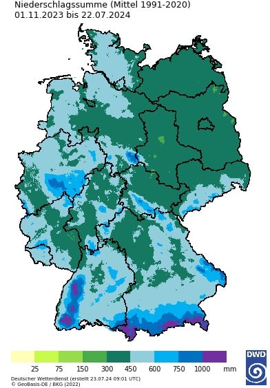 Infografik: Niederschlagssumme in Deutschland von 1991 bis 2020 vom DWD