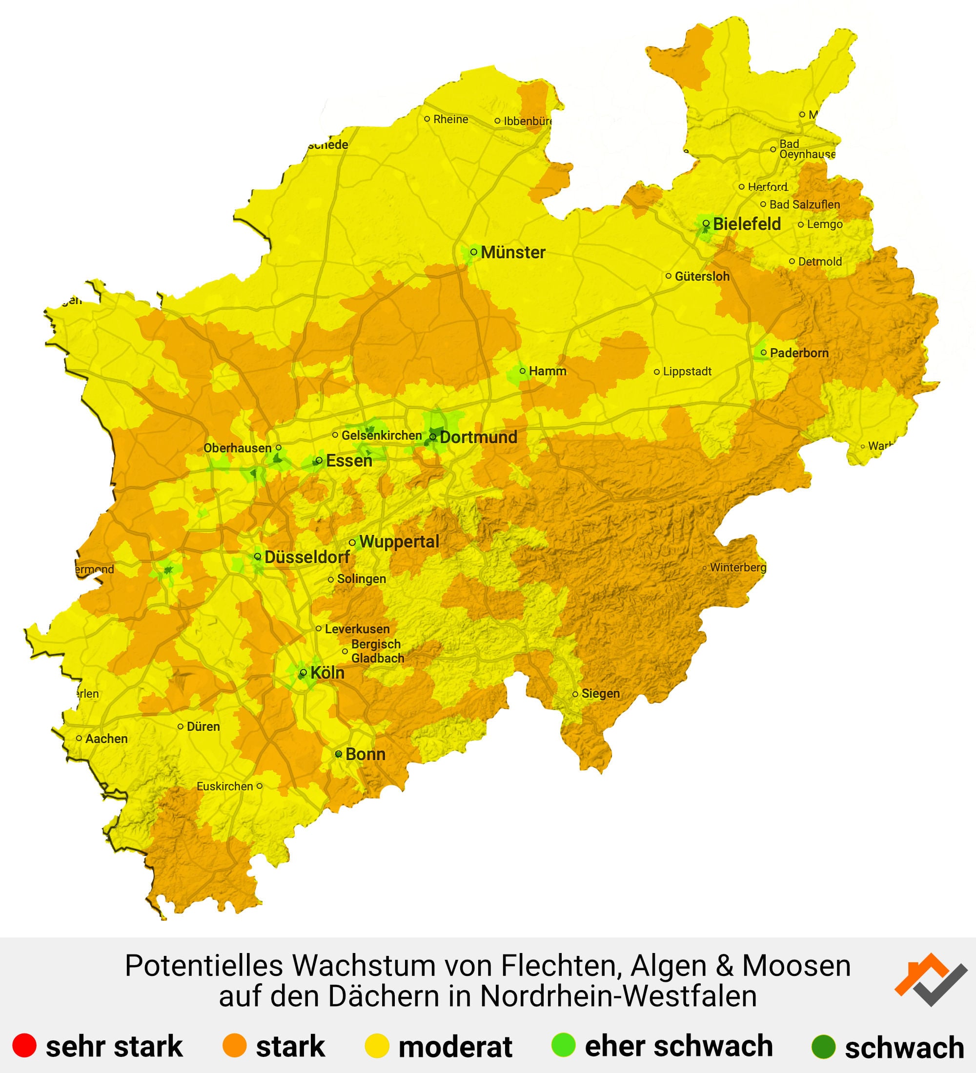 Infografik: Karte mit Wachstum von Flechten, Algen und Moosen auf den Dächern in Nordrhein-Westfalen