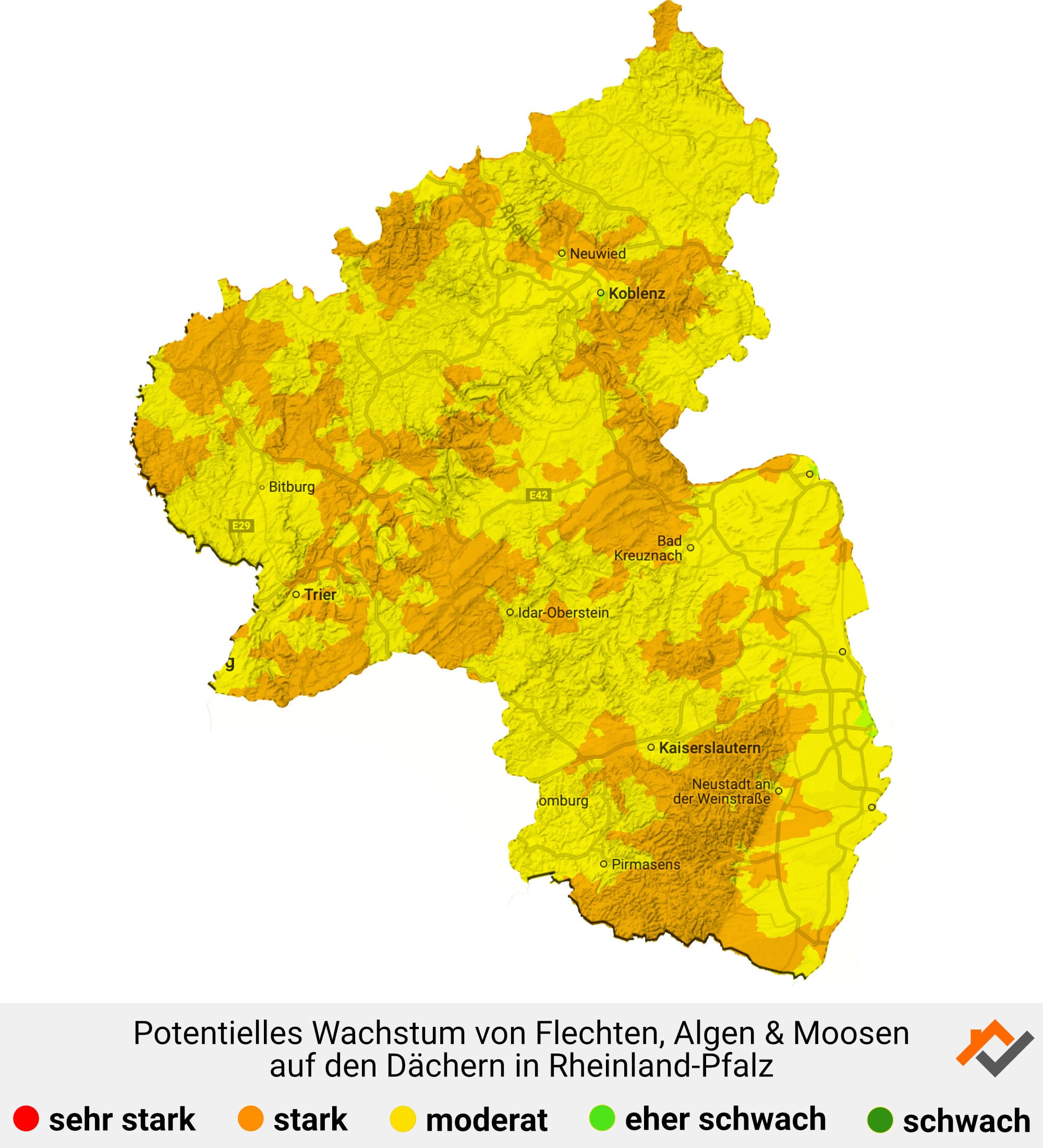 Infografik: Karte mit Wachstum von Flechten, Algen und Moosen auf den Dächern in Rheinland-Pfalz