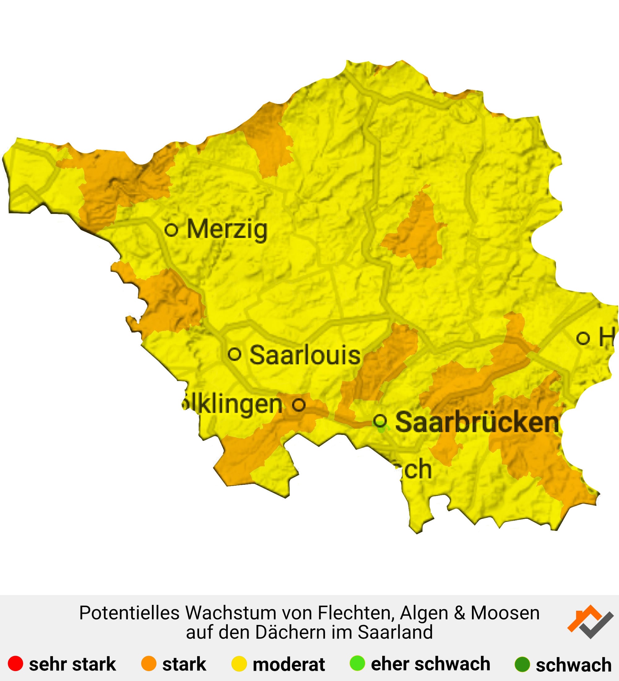 Infografik: Karte mit Wachstum von Flechten, Algen und Moosen auf den Dächern im Saarland