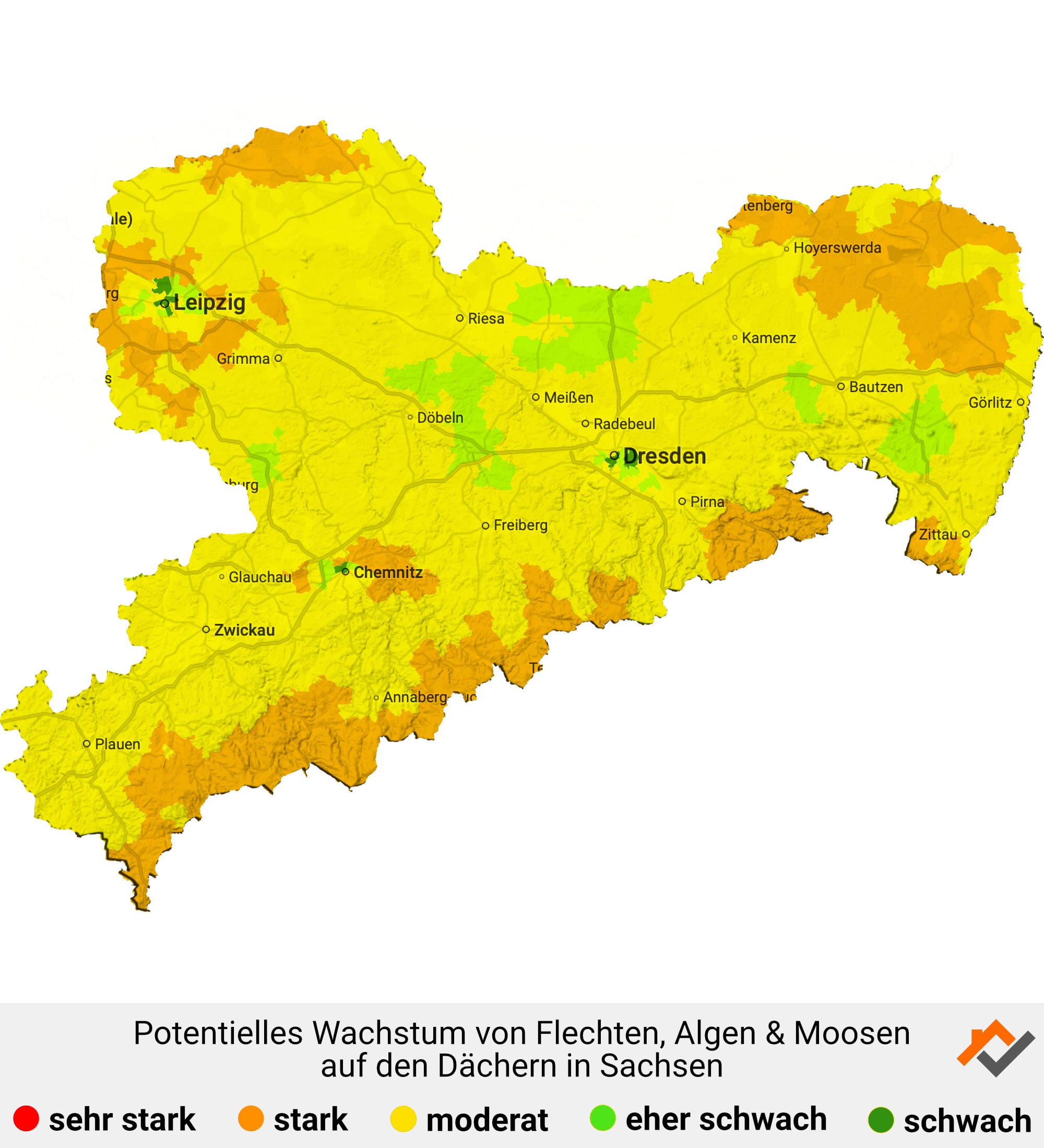 Infografik: Karte mit Wachstum von Flechten, Algen und Moosen auf den Dächern in Sachsen