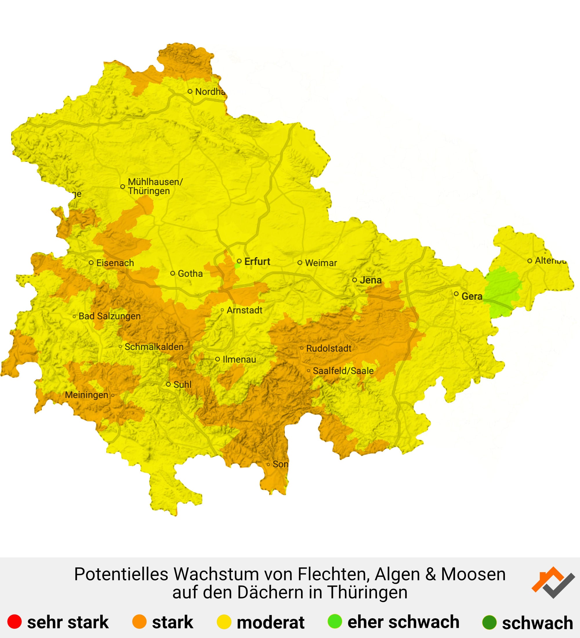 Infografik: Karte mit Wachstum von Flechten, Algen und Moosen auf den Dächern in Thüringen